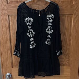 Free People Black Embellished Tunic with White Floral Embroidery